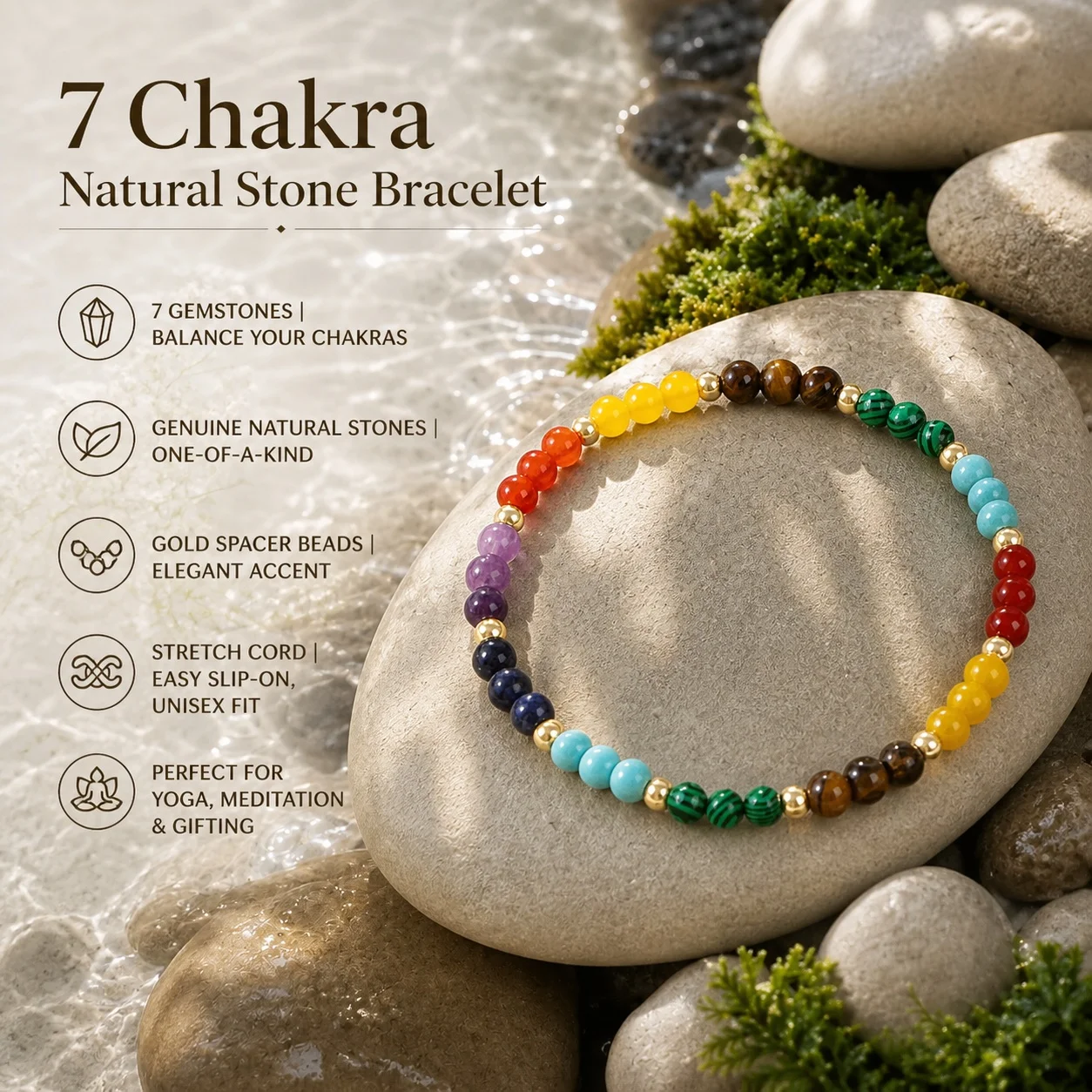 1pc Multicolor Round Semi-Precious Stone Beaded Strand Bracelet with Gold Color Copper Beads Unisex Meditation Style