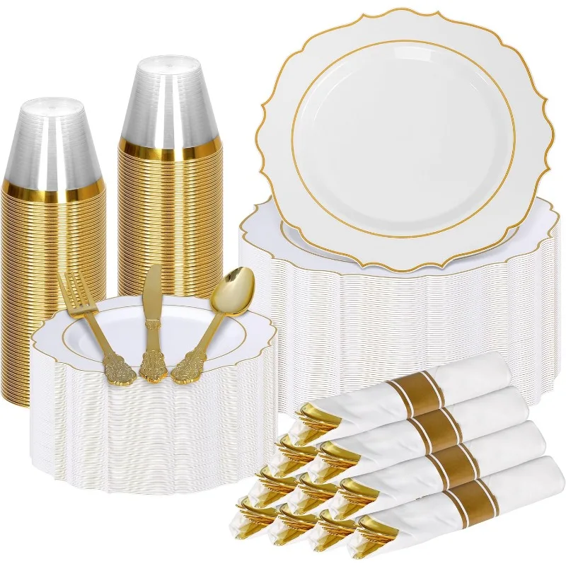 

Elegant Gold Plastic Dinnerware Set (350 Pcs)- Includes 50 Dinner Plates,50 Dessert Plates,50 Napkins,50 Cups & Gold Silverware