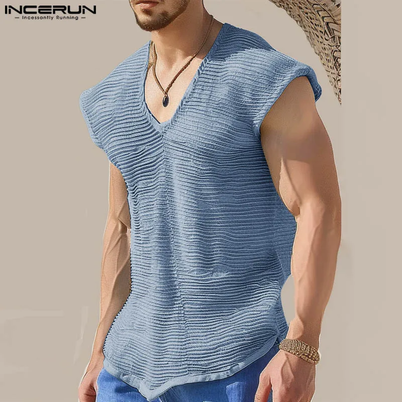 Incerun Sommer Tops T-Shirt Männer ärmellose V-Ausschnitt Tanktops Streifen Shirt Hemd Hemd Männer Kleidung einfarbige Streetwear S-5XL 2024