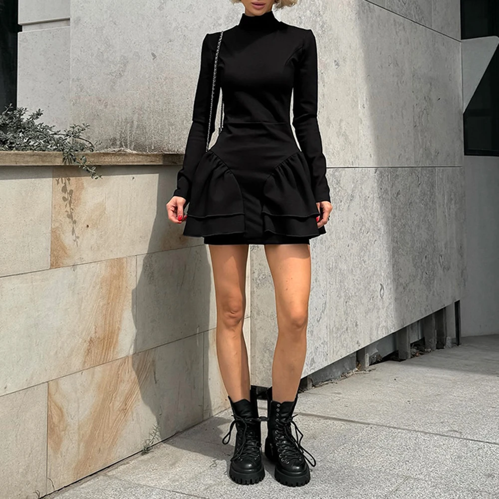 TWOTWINSTYLE Solid Minimalist Slimming Elegant Dresses For Women O Neck Long Sleeve High Waist Temperament Dress Female Fashion