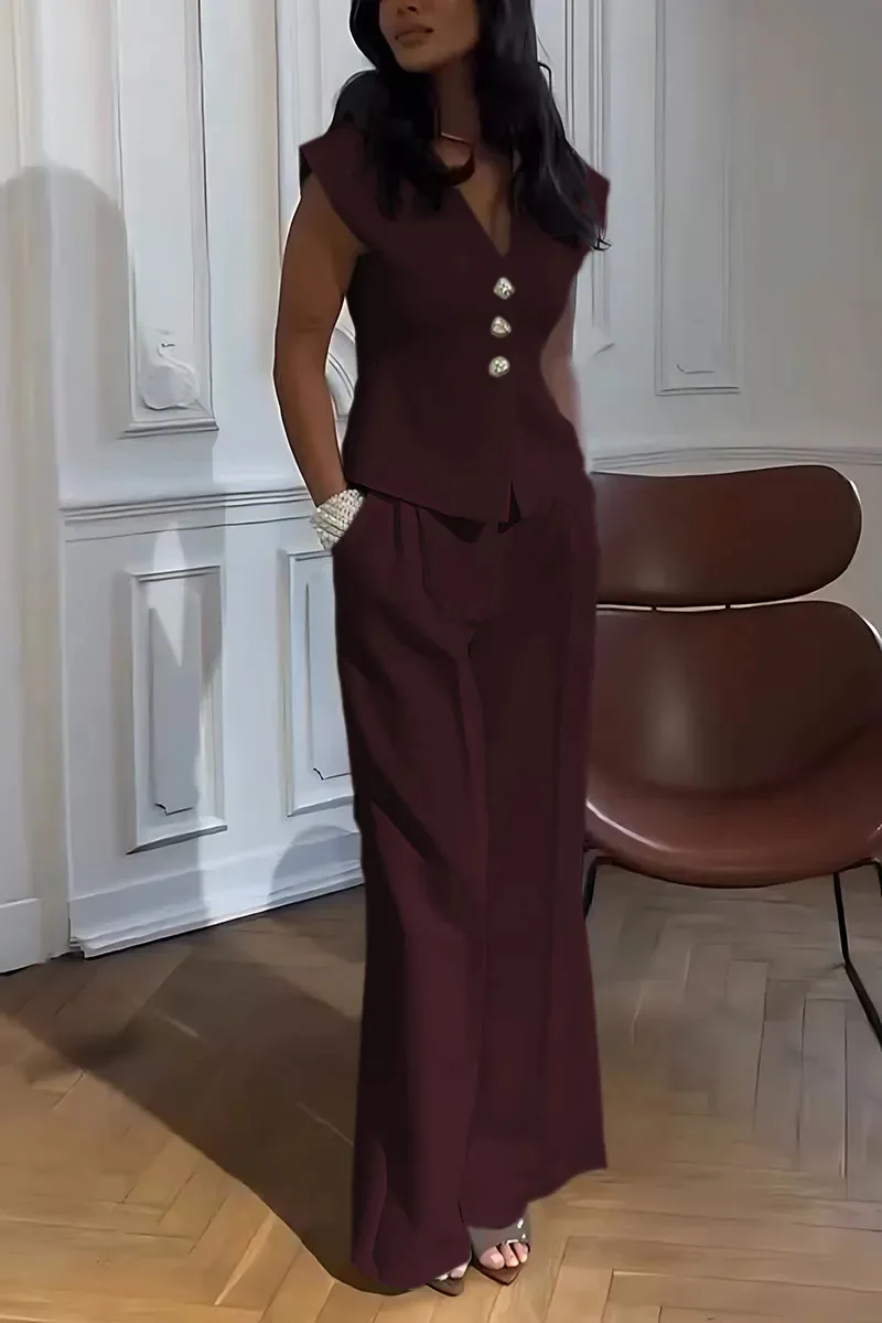 

Women's Fashion Pants Set Casual Solid Color Versatile V-neck Sleeveless Spring Summer Short Sleeve Top Pants Two Piece Set