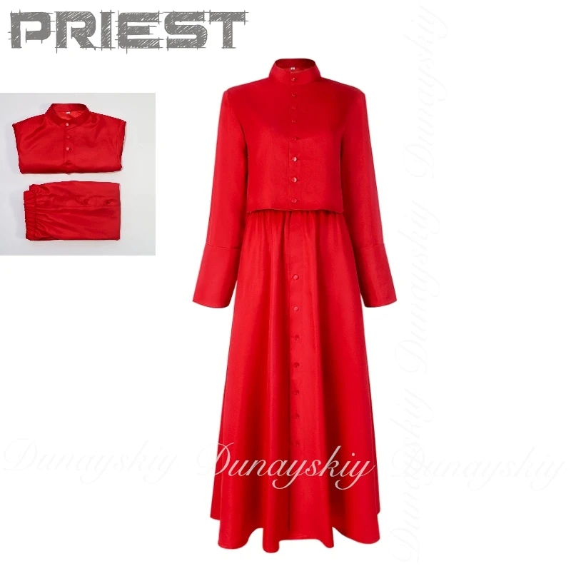 할로윈 여성 무대 코스프레 의상, 스커트 셔츠 포함 사제 코스프레 빨간색 목사 의상 세트