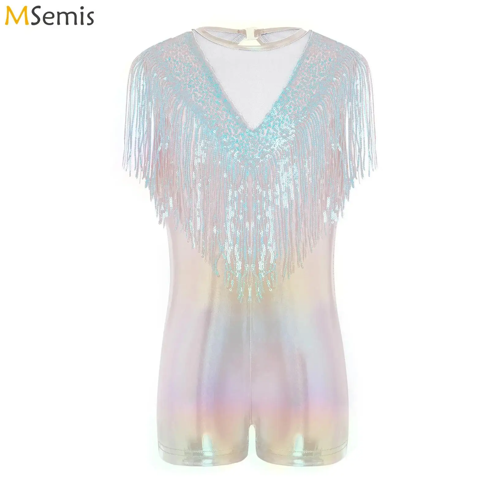 

Toddler Girls Gradient Tassel Jazz Dance Leotards Costume Sequin Metallic Iridescent Unitard Jumpsuit Mesh Bodysuit Dancewear