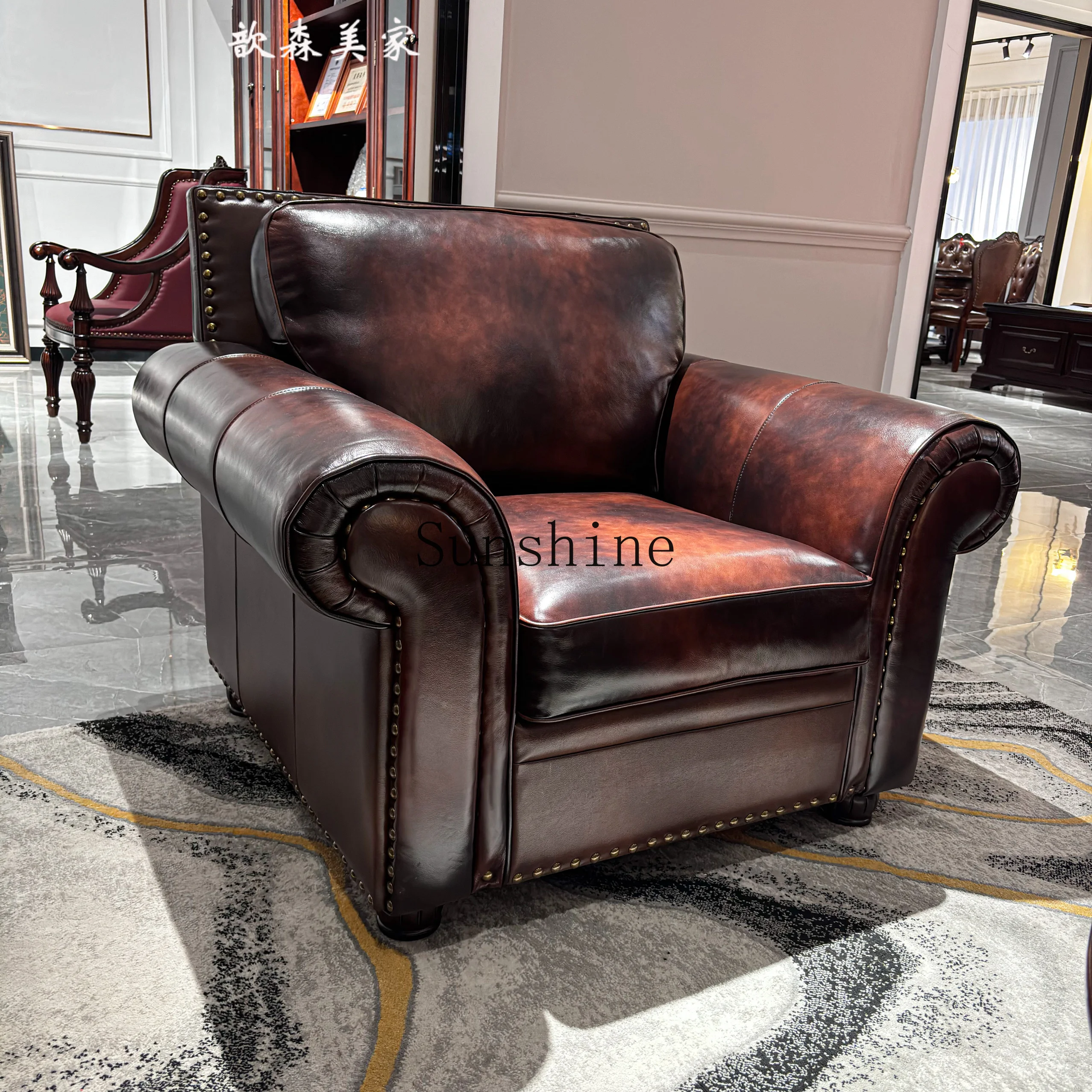 American retro leather sofa living room first layer cowhide three-person straight row
