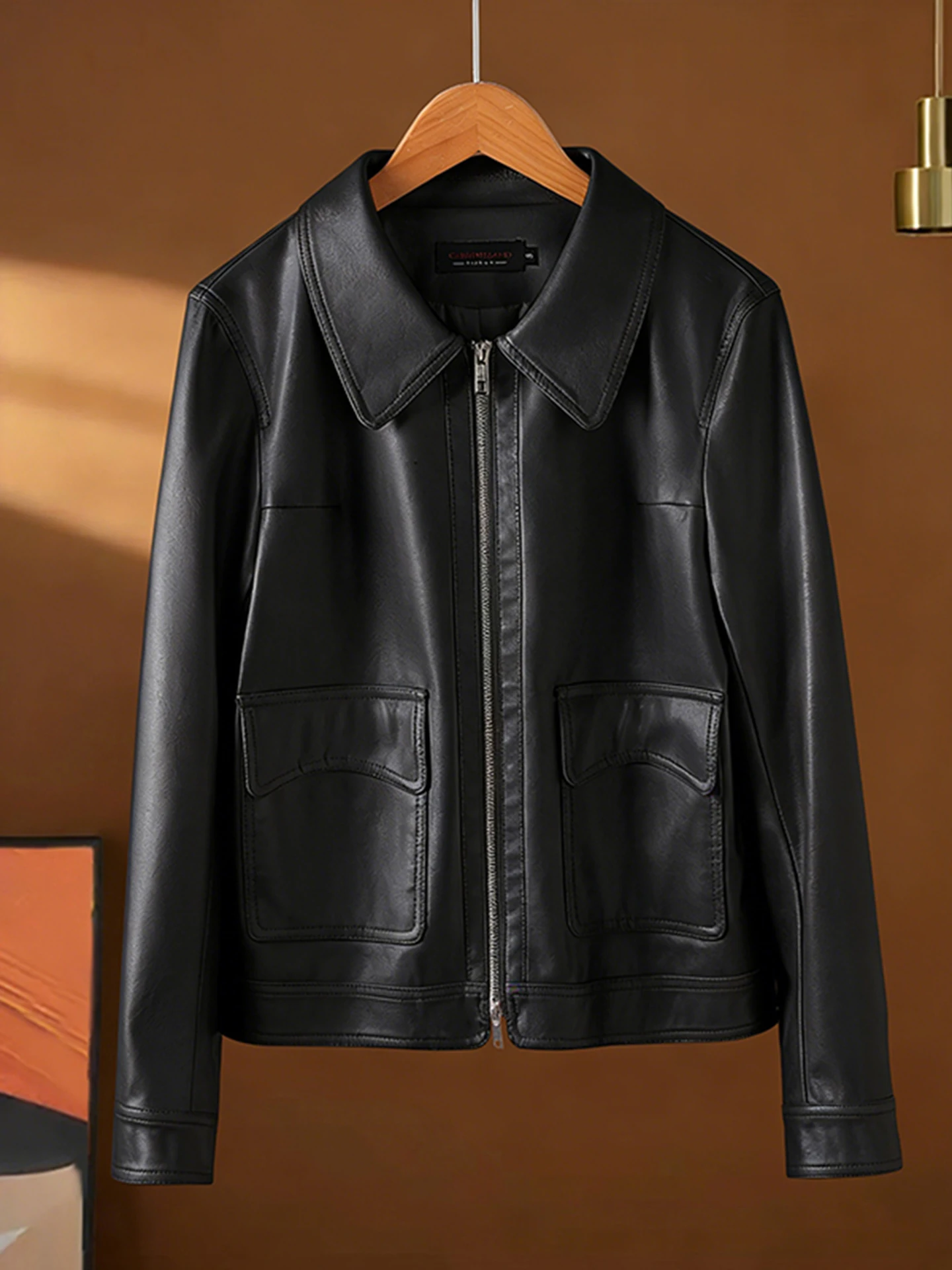 Spring 2026 Women's Short Sheepskin Leather Jacket Coat Stylish Commute Wind Flip Collar Long Sleeve Breathable Polyester 
