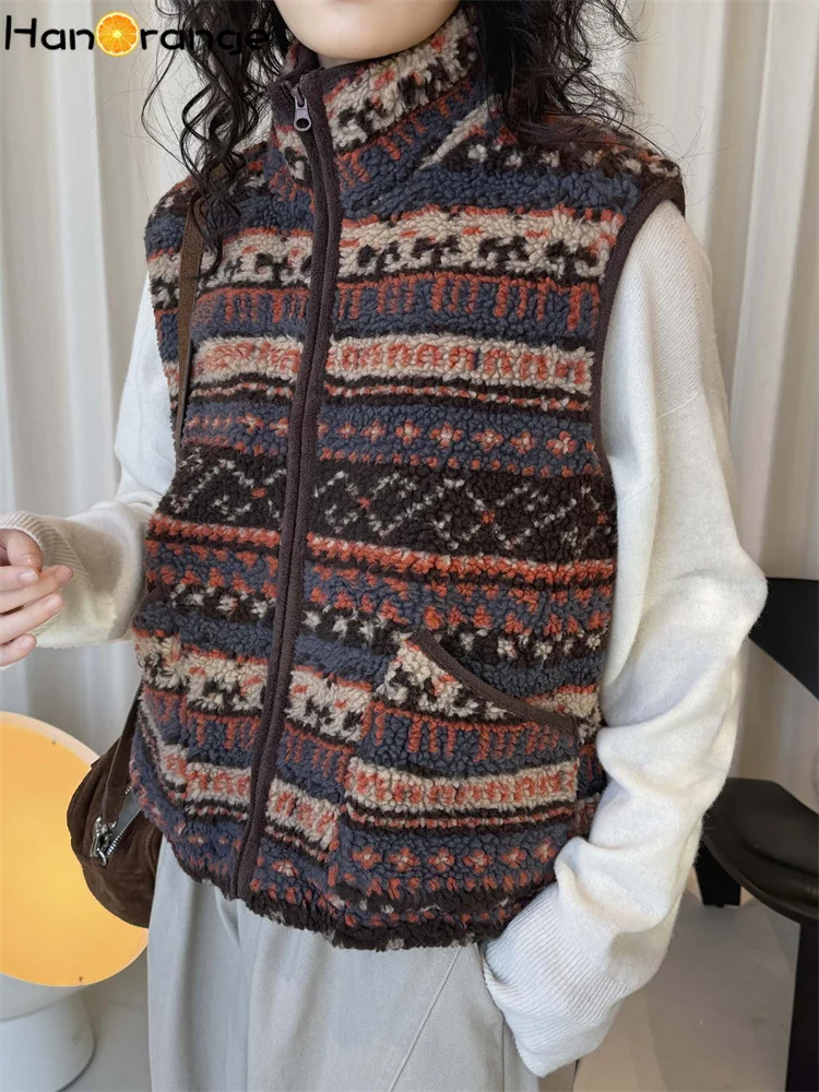 HanOrange 2026 Winter Retro Pattern Polar Fleece Stand Collar Vest Women Stacked Wearing Top Orange Brown/Coffee White