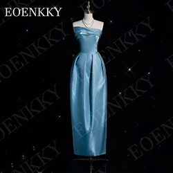 EOENKKY Strapless Prom Dress Sleeveless Evening Dresses Ankle Length Gray Blue Glossy Satin Graduation Gown فساتين حفلة موسيقية