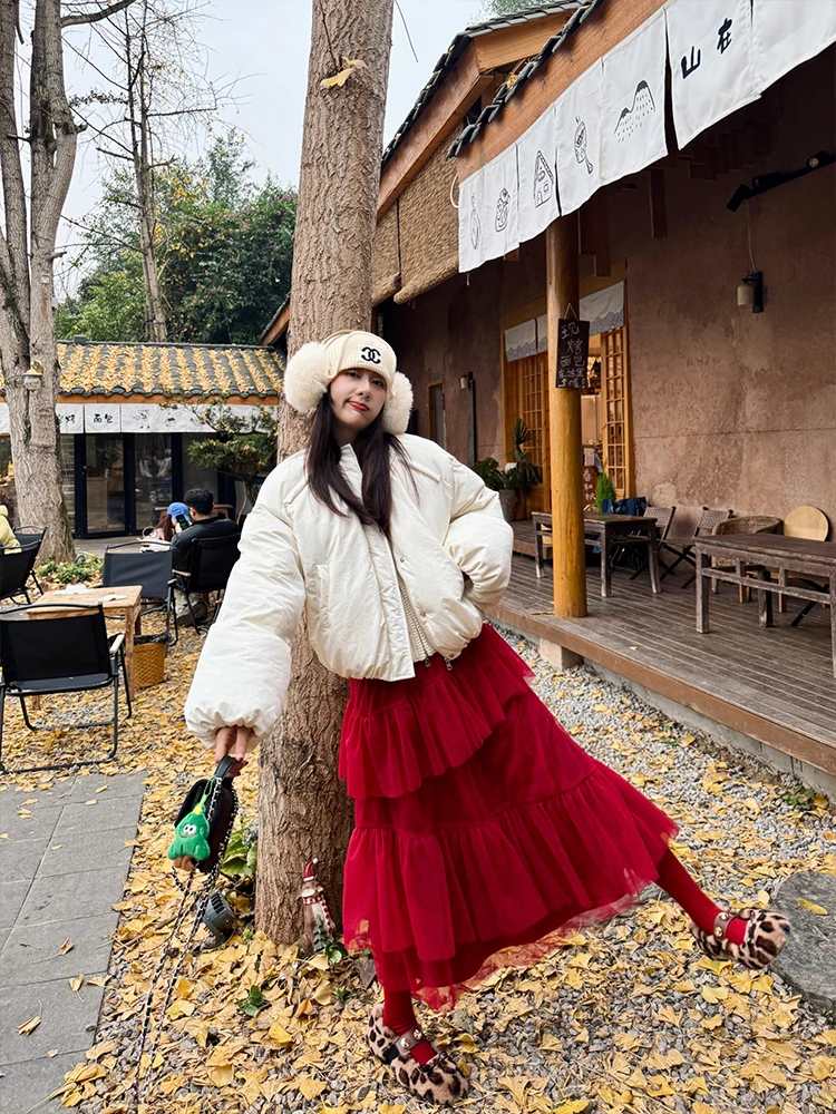 

Heidy Winter 2025 Warmth Guaranteed Puffer Jaet in Milk Apricot Goose down Coat Straight Korean Sle Long Sve Zipper Cl...