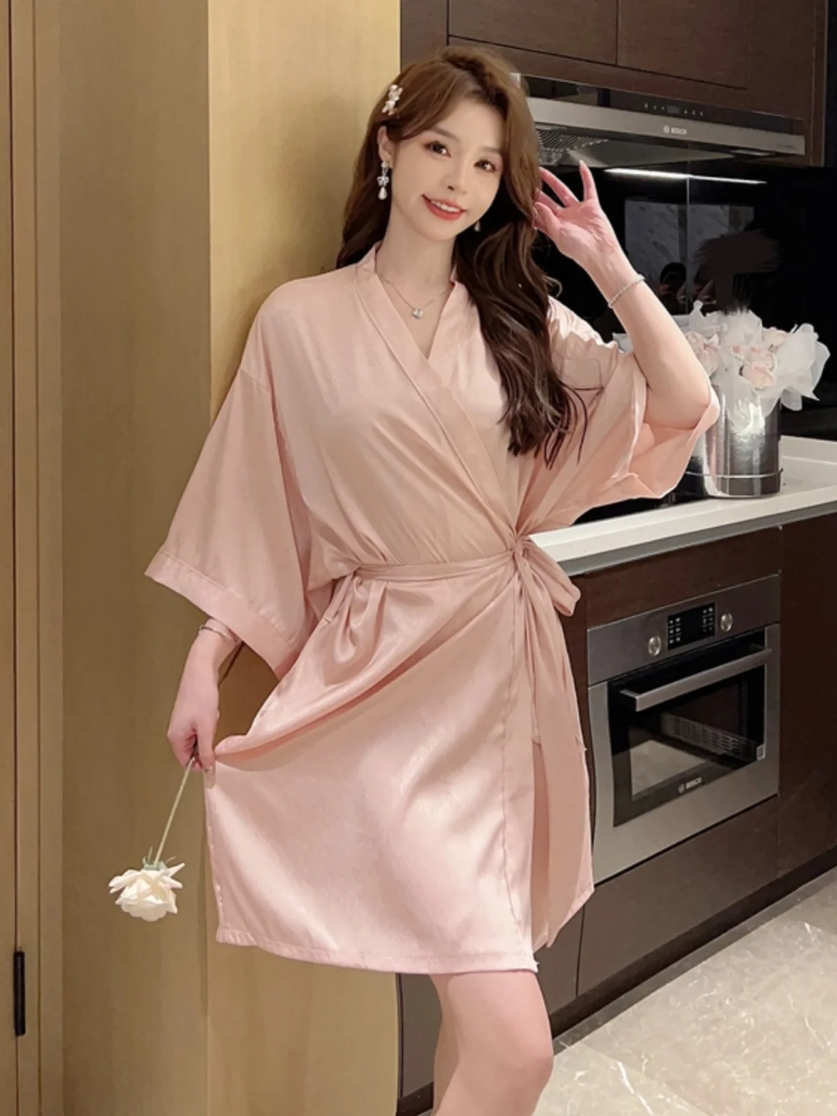 

Summer Thin Silk Short Sleeve Sleepwear Women Sexy Kimono Robe Pure Desire New Style Simulation Silk Kimono Dressing Gown