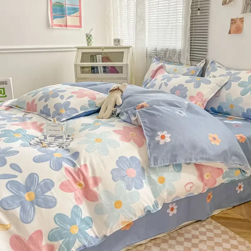 Spring and Autumn Thick 100% Pure Sanding Bed Cotton Sheets Four-piece Quilt Cover Student Dormitory Sheets Three-piece Bedding.