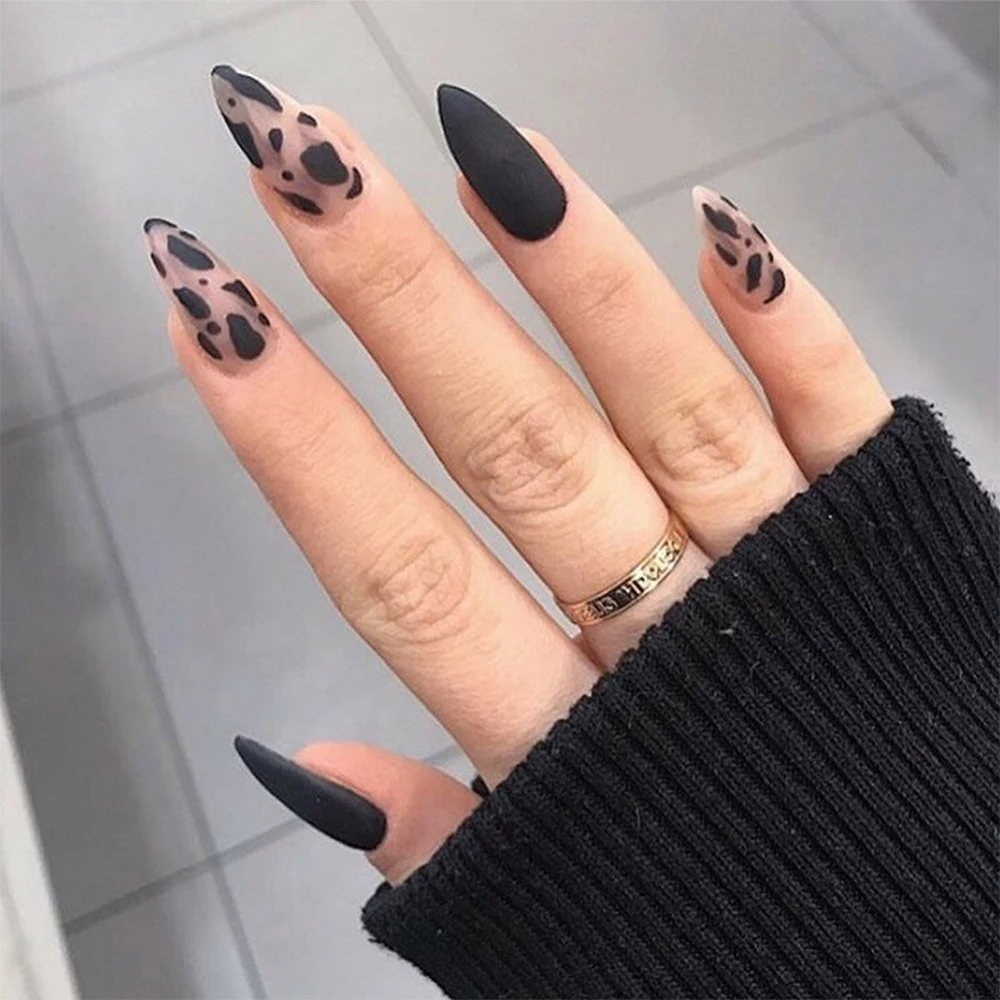 24P Fashion Fake Nails With Design Leopard Full Cover False Nails Tips Black Brown Stiletto Press On French Artificial Nail Glue