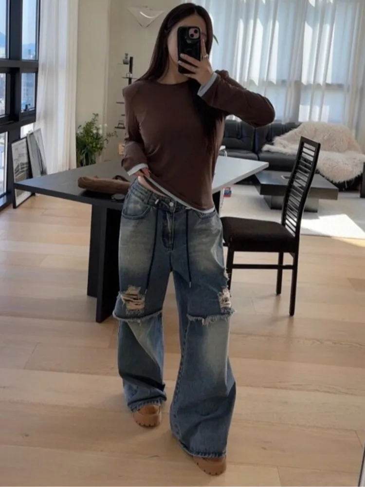 

Street Sle Loose Fit Distred Knee Double Layer Design Wide Leg Jeans Korean Trend Casual Comfortable Breathable Denim