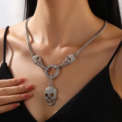 New Fashion Trendy Shiny Rhinestone Skull Pendant Necklace for Women's Halloween Jewelry Accessories