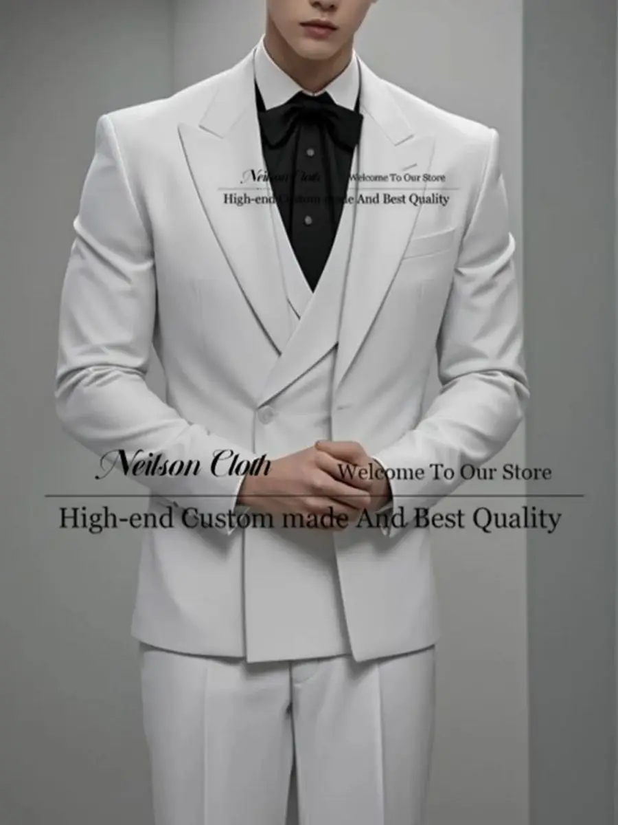 

White Peaked Lapel Male Prom Blazers 3 Pcs Sets Slim Fit Groom Wedding Tuxedos For Men Business Customized Terno Masculino