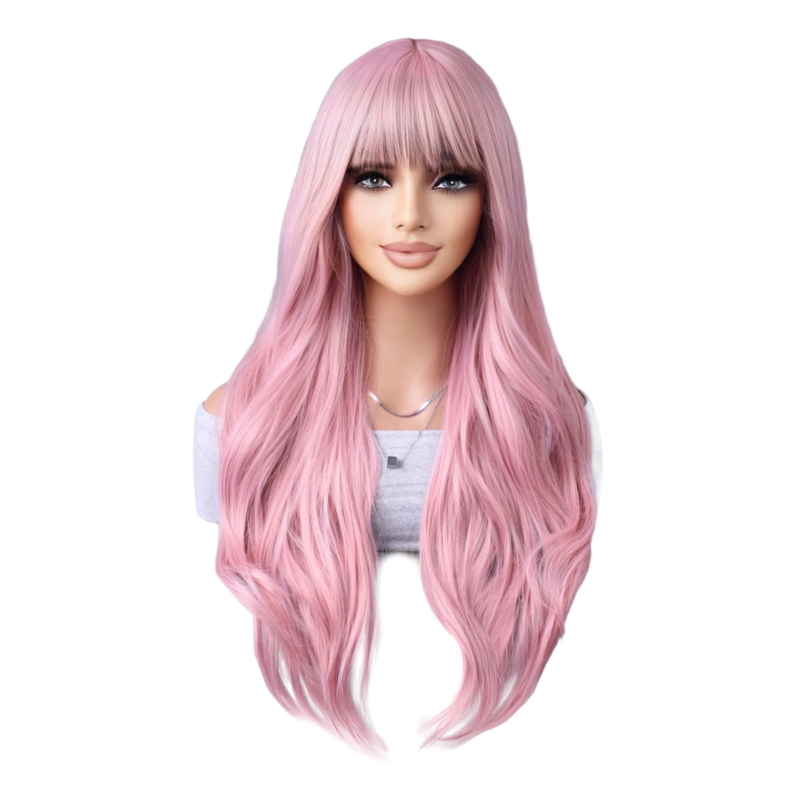 Synthetic Hairpiece Long Wavy Wig for Cosplay Women Pink Heat Resistant Fiber Costume Wig with Bangs Party Wear Durable
