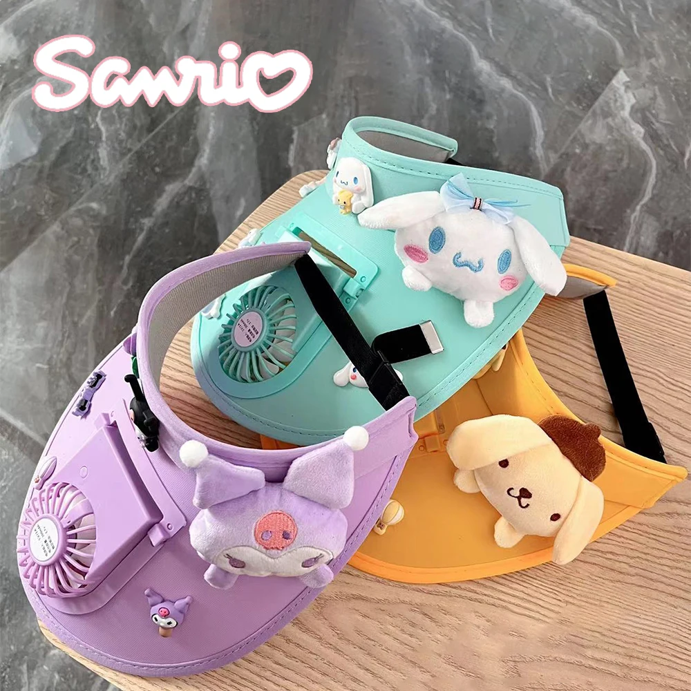 Cute Sanrio Kuromi Cartoon Sunscreen Hat Summer UV Protection with Fan Hat Shading My Melody Cinnamoroll  for Outdoor Shading