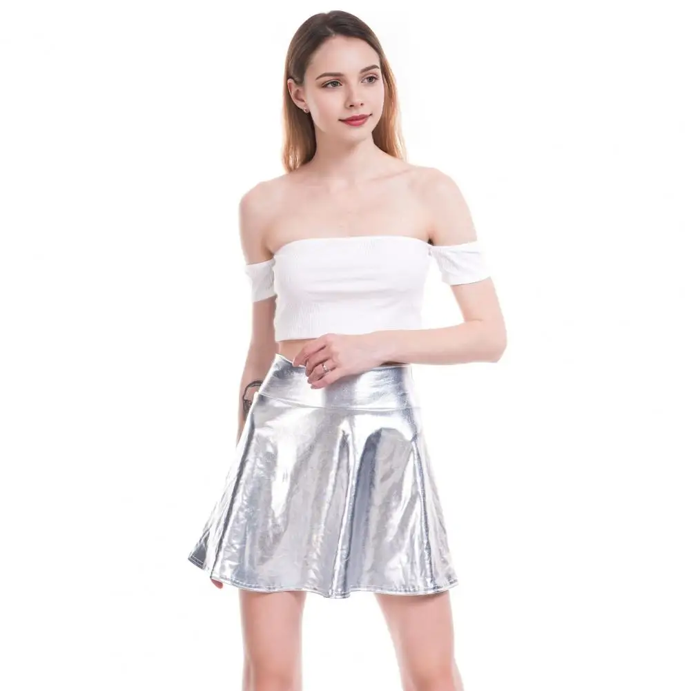 Comfortable Mini Skirt Stylish High-waisted Mini Skirts for Women Glossy Surface A-line Hem Skater Skirt Solid Color for Stage