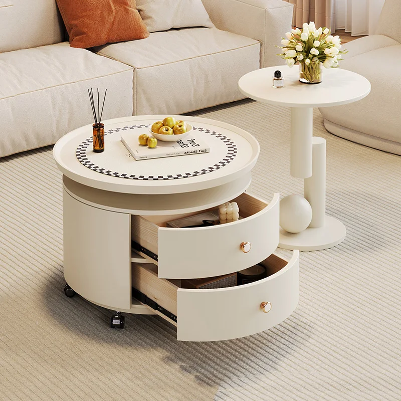 

On Wheels Round Coffee Tables With Drawers Mobile Storage Italian Coffee Tables Space saving Modern Mueble Salon Furniture