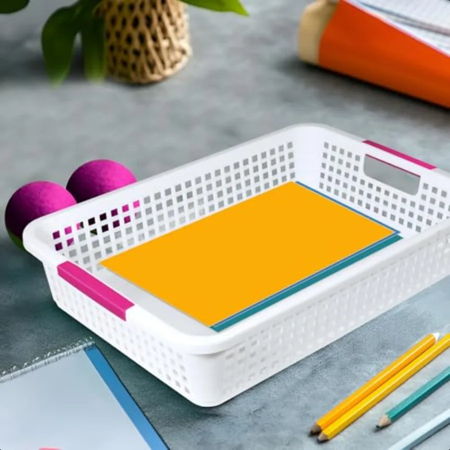 8 упаковок корзин для хранения в классе размером 15 x 10 x 3 дюйма, большие пластиковые лотки для классной бумаги с ручкой, размер буквы, бумажная корзина для игрушек формата А4