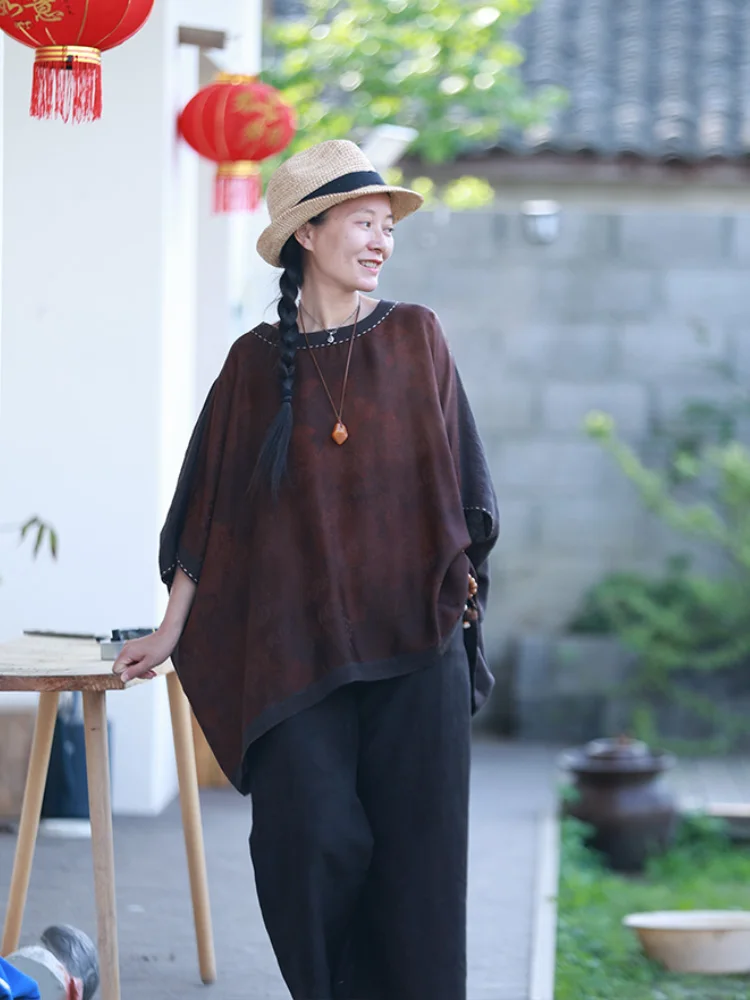 

Ele Double-Sided Wear Loose Casual Silk Top Floral Print round Neline Regular Sve Length Summer T-irt