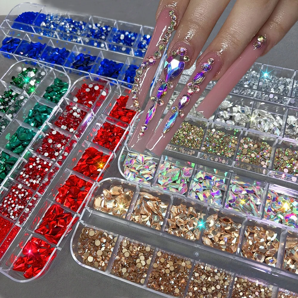 คริสตัลแก้วรูปทรงต่างๆ 12 ช่อง สำหรับตกแต่งเล็บ 3 มิติ แบบแบนหลัง ประดับเล็บ สีแดง/ใส/แชมเปญ #