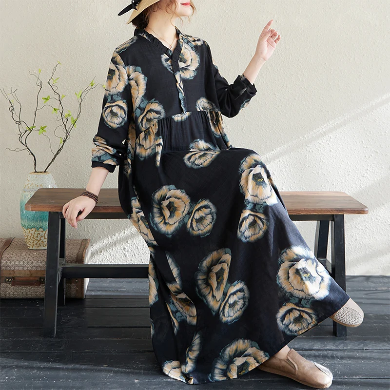 NYFS 2025 ربيع وصيف جديد خمر القطن الكتان فستان طويل فضفاض طباعة كم طويل فستان امرأة رداء Elbise