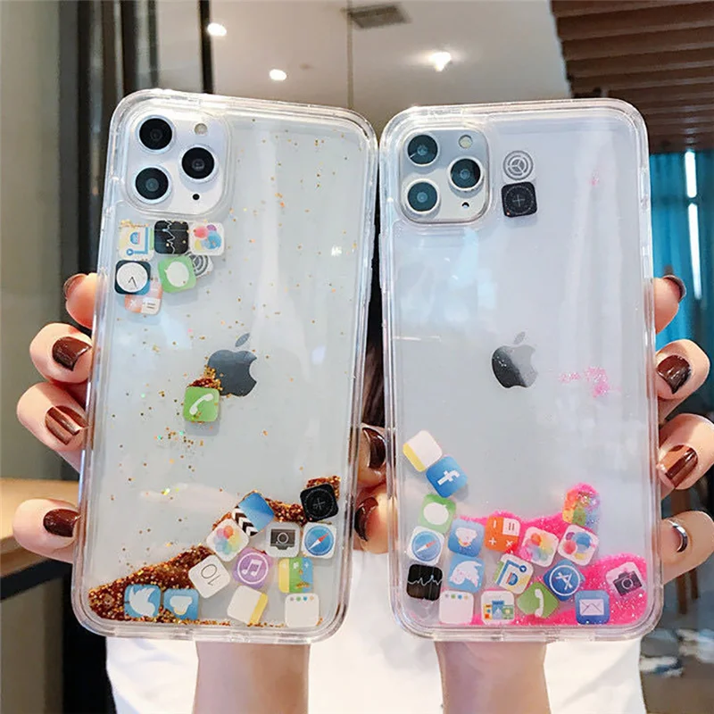 Glitter Sequins Love Heart Phone Case for iPhone 15 13 11 12 14 Pro XS Max X XR 8 Plus Clear Dynamic Liquid Case APP icon Cover