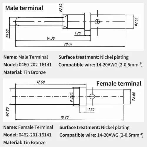 Imagen 2 del producto 50 Uds DT 1,5mm serie Pin contacto 0462-201-16141 0460-202-16141 acero inoxidable 16AWG Deutsch engarzado sólido hembra macho Terminal