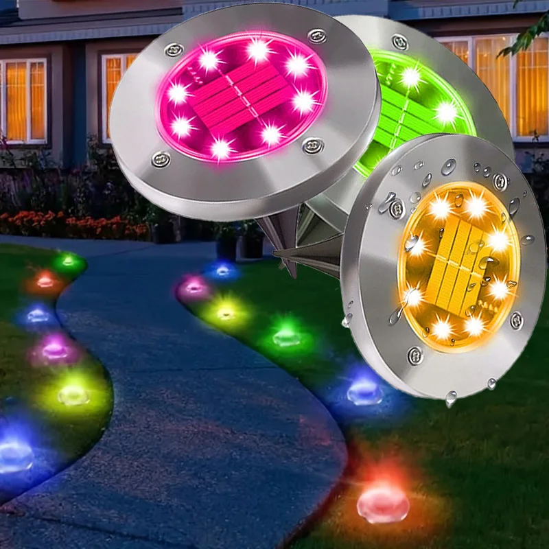 8PCS Color Changing Solar Ground Light 8LED Outdoor Garden Solar Underground Light Landscape Lighting Lamps For Patio Lawn Steps