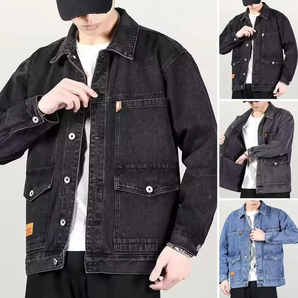 

Casual Stylish Plus Size Mid Length Men Denim Coat Turn-down Collar Autumn Jacket Loose for Dating