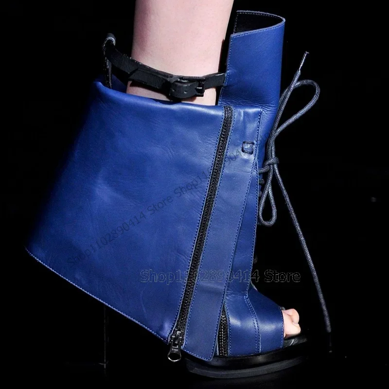 

Blue Black Zipper Decor Turned Over Peep Toe Boots Front Strap Women Shoes Chunky High Heels Fashion 2023 Zapatos Para Mujere