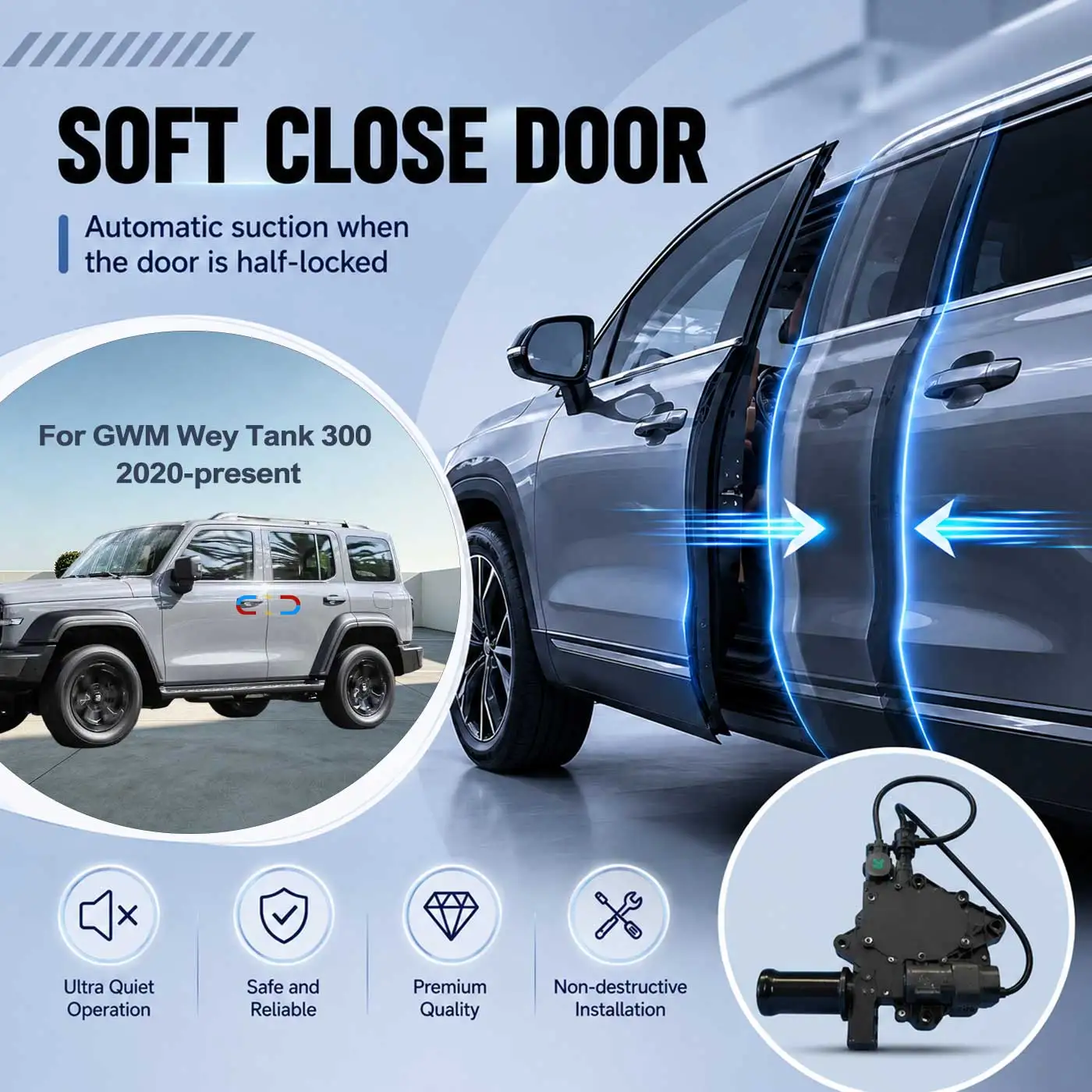 

For GWM Wey Tank 300 2020-present Electric Soft Close Door Auto Pull-In Suction Lock Intelligent Silent Closer Kit
