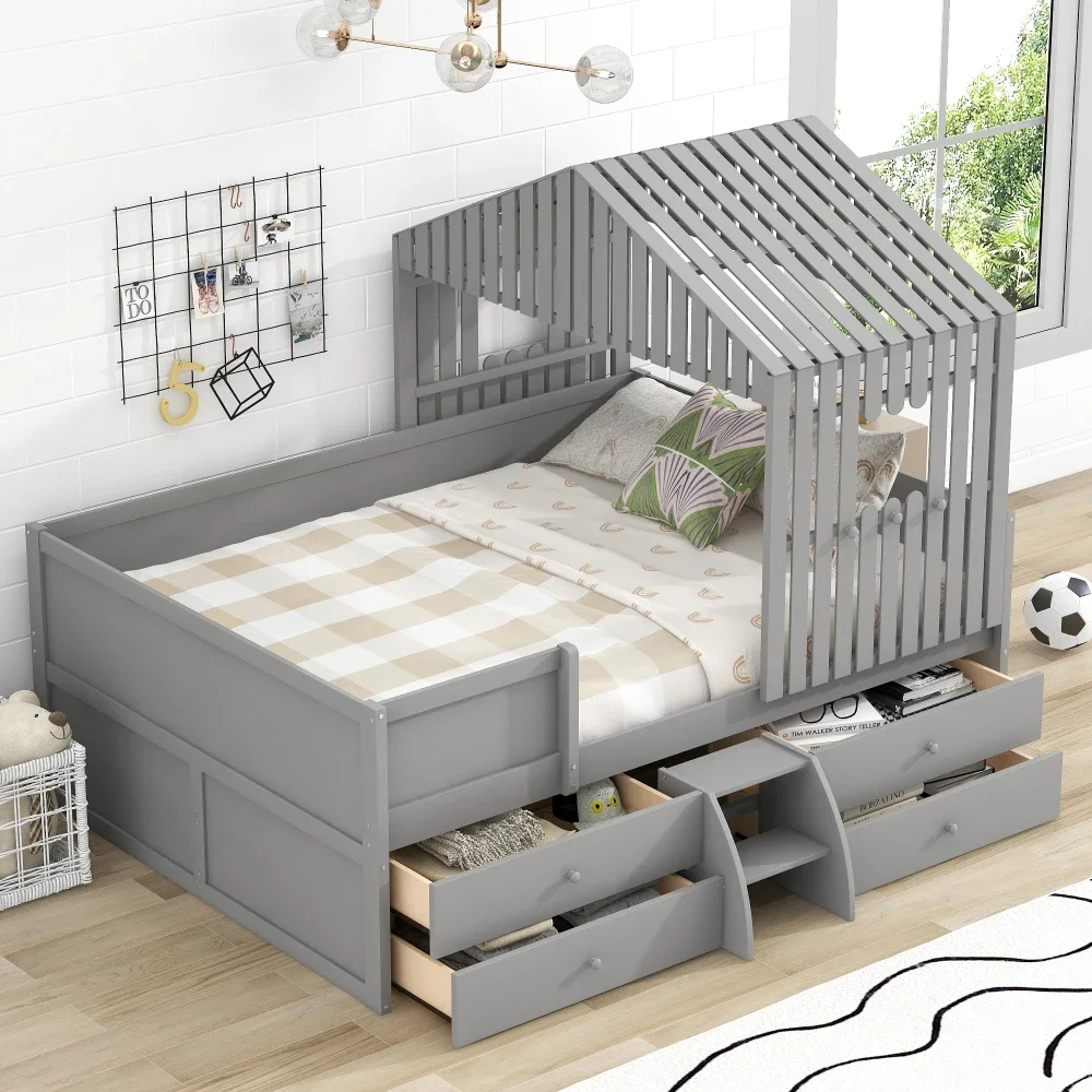 

Children Beds Full Size House Low Loft Bed with Four Drawers,Gray Loft Beds Kids Beds for Boys Wooden Bed Bunk Toddler Bed US