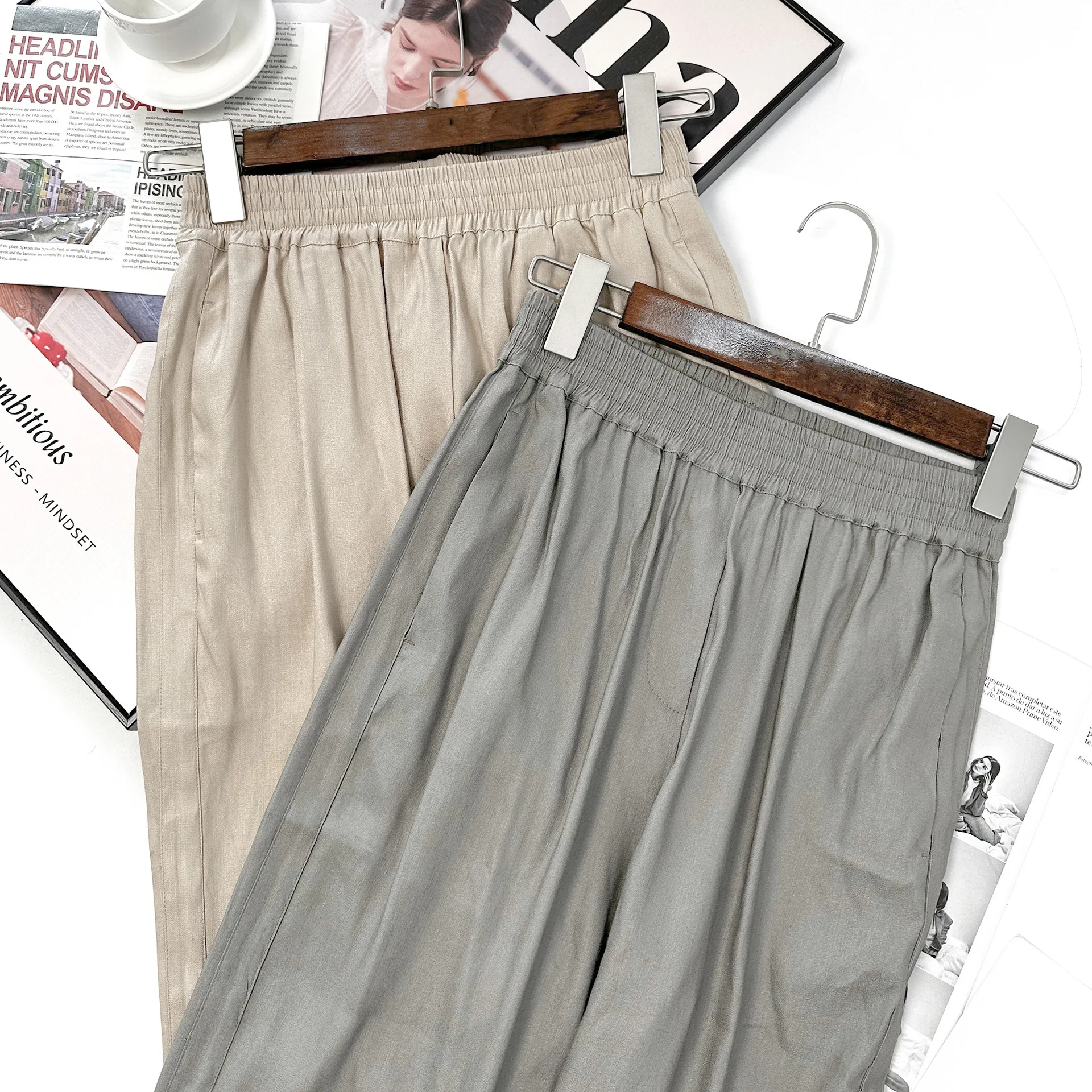 2025 nueva moda Casual pantalones de lino de Color sólido desplazamientos todo-fósforo pantalones de traje simples y atmosféricos para mujeres