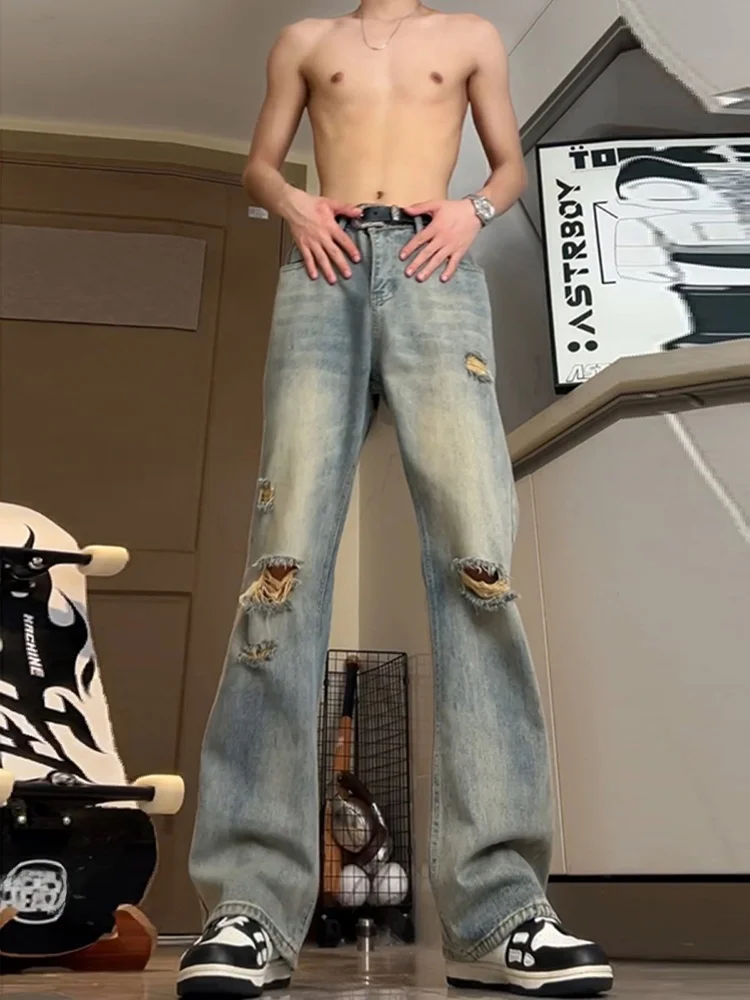 Retro Blue Men's Long Size Jeans High Waist Straight Leg Micro Flared Pants Casual Wear Summer Season Clean Fit Style