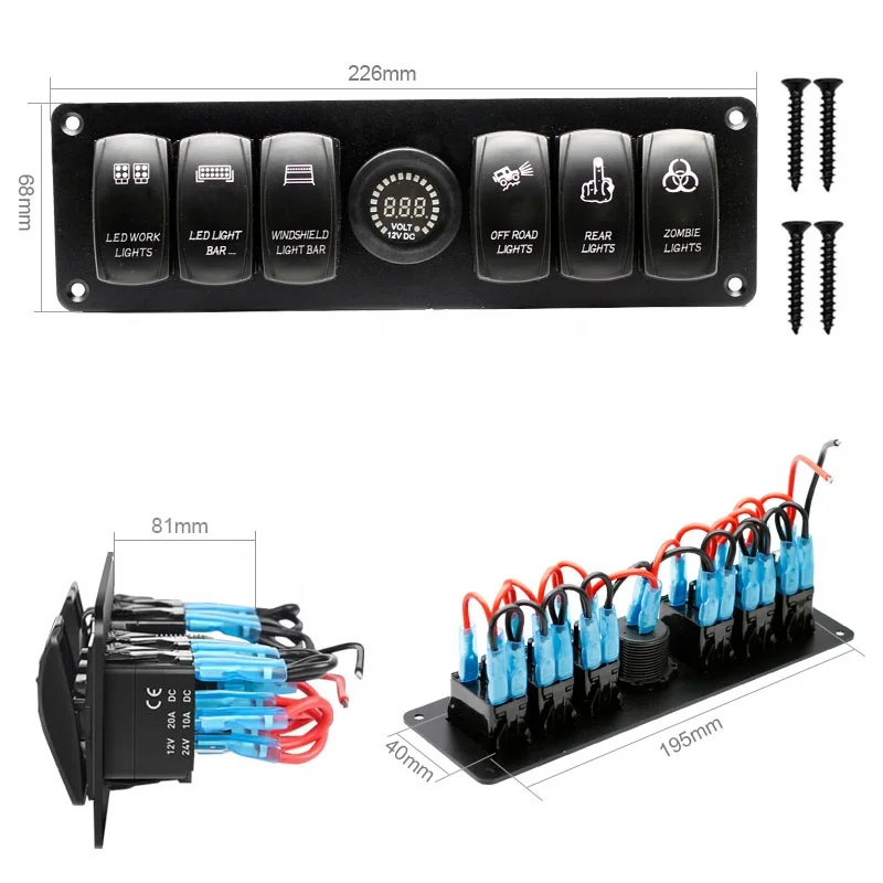 6 Position Rocker Switch Panel with 12V Digital Voltmeter Display 12V / 24V LED Blue Lighted On/Off Switches6