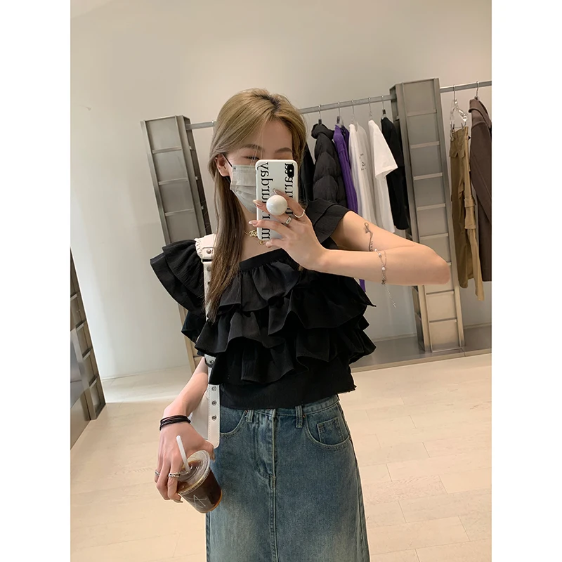 

Весна 2023: Женская блузка с квадратным вырезом, без рукавов, с декоративными рукавами-крылышками и шифоновым подолом на завязках, в корейском стиле, свободного кроя