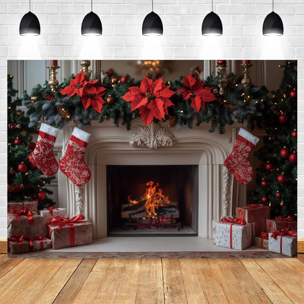 Winter Christmas Indoor Fireplace Photography Background Xmas Tree Kid Family Party Portrait Decor Backdrop Photo Studio Props