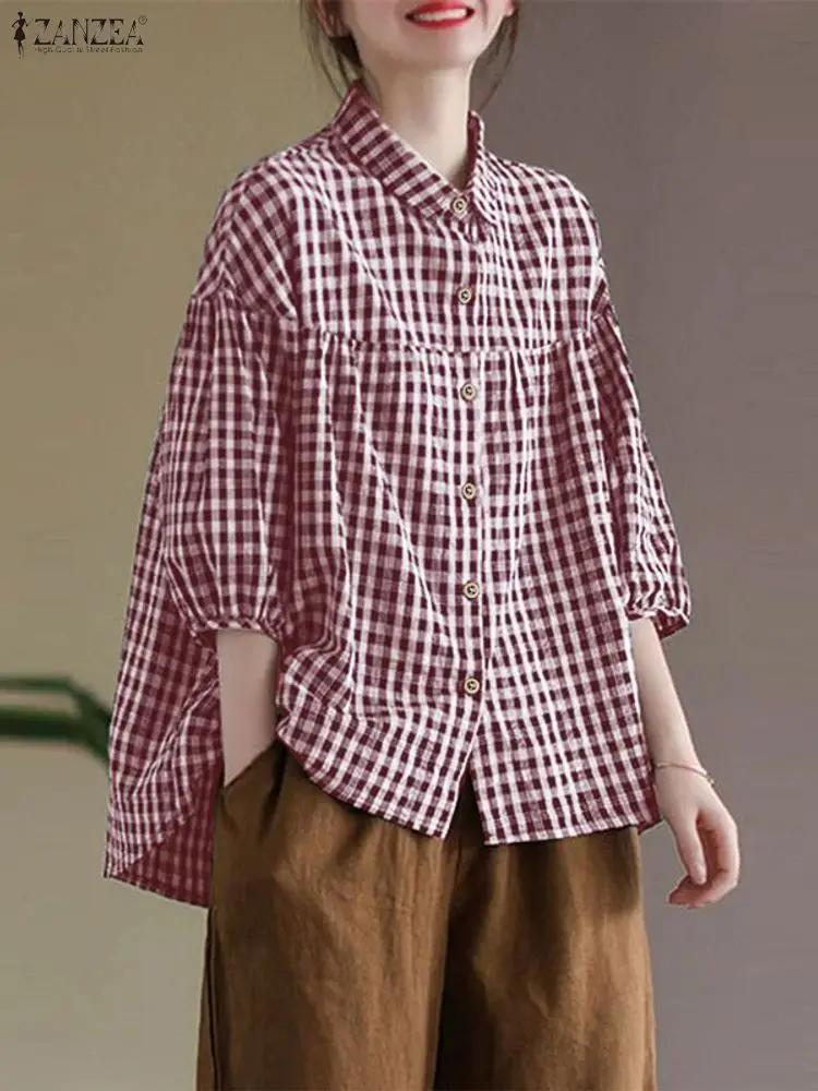 2025年ファッションサマーハーフスリーブシャツ ZANZEA レディース チェック柄ブラウス カジュアルボタンアップトップス ラペルネックブラウス ヴィンテージシャツ