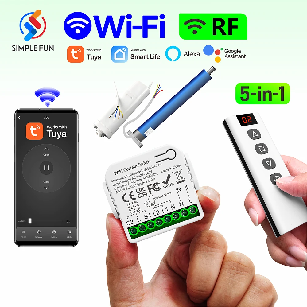 Tuya Alexa Smart WiFi RF Curtain Roller Shutter Switch Module 110V 220V 240V 5-in-1 Transmitter for Window Blinds Awning Garage
