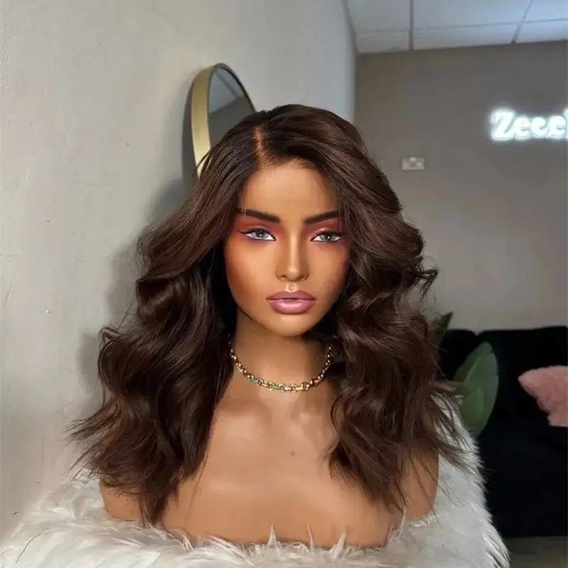 Women's Wig Free Part Ombre Chocolate Brown Highlights HD Lace Front Wig 150% Density Wig Preplucked Hairline Short Wave Bob