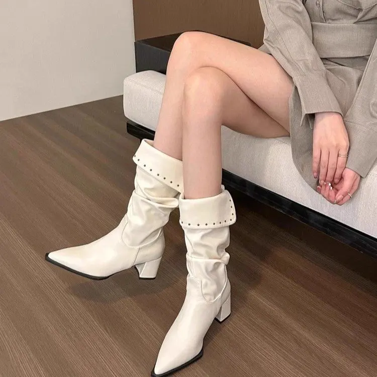 Retro Casual! Women's Brown Turn-Down Collar Studded Pointed Toe Chunky Heel Ankle Boots for Fall