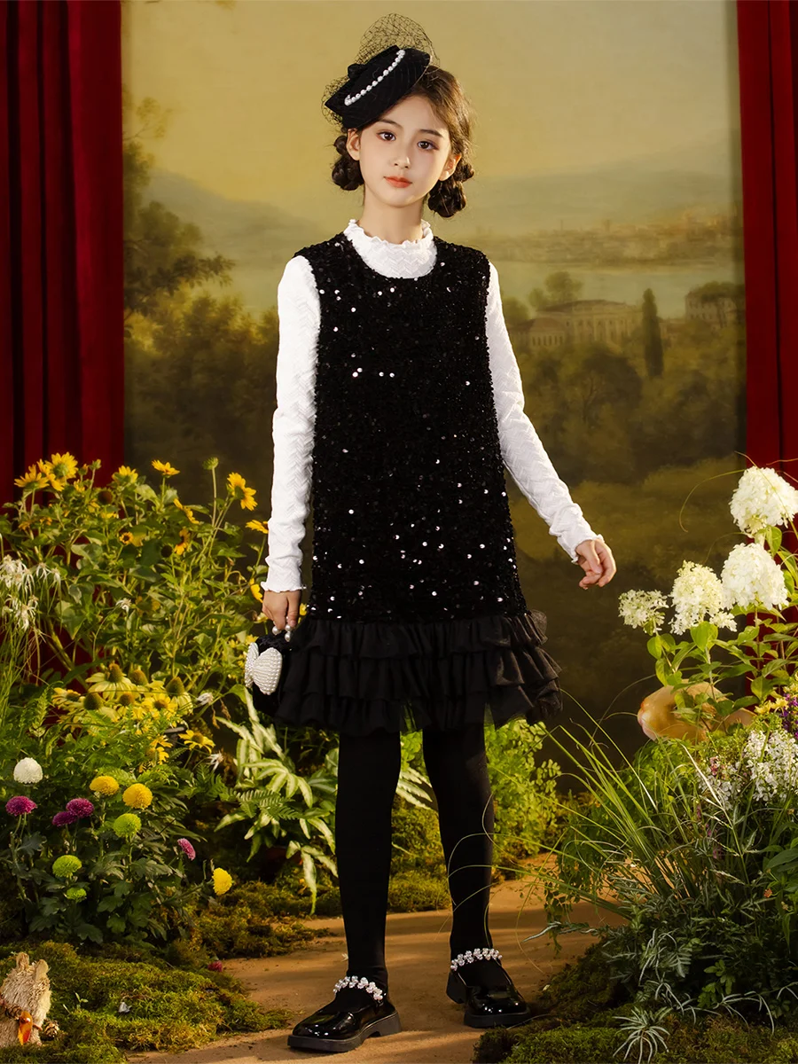 Vêtements d'Automne pour Adolescentes, Robe Noire en Patchwork, à la Mode, Mignonne, pour Bébés Bol, 110cm, 160cm, à Paillettes Brillantes