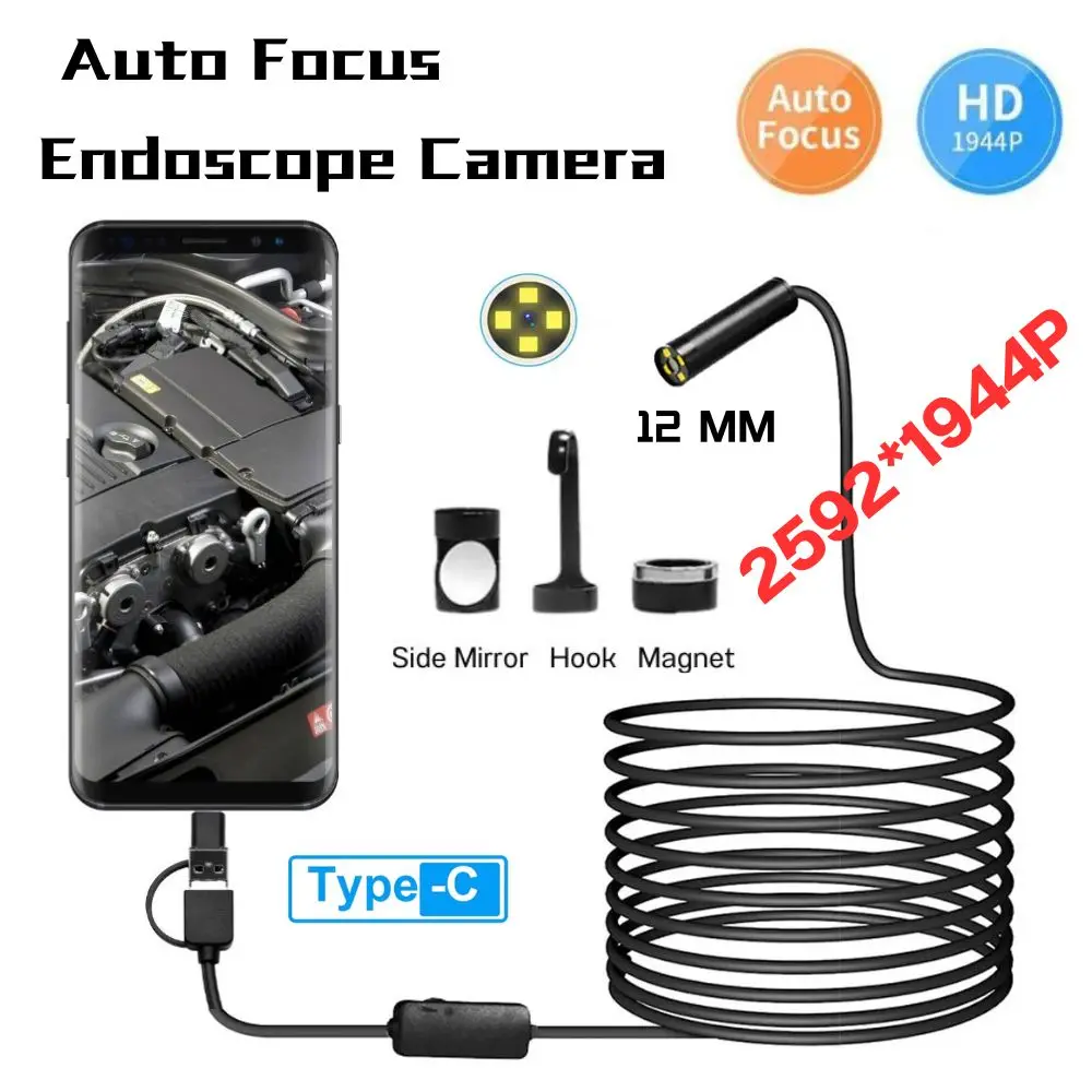 HD 1944P 12mm Auto Focus Endoscope Camera  IP68 Waterproof Industrial Pipeline Inspection Borescope for Android Phone PC