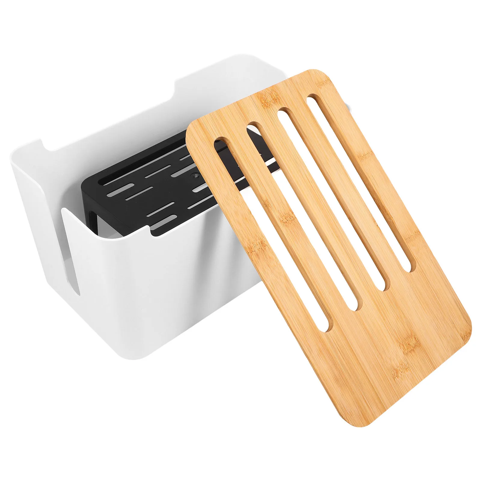 

Desktop Cable Storage Box Durable PP Bamboo Lid Power Strip Organizer Outlet Hole Design Heat Dissipation Cord Management Box