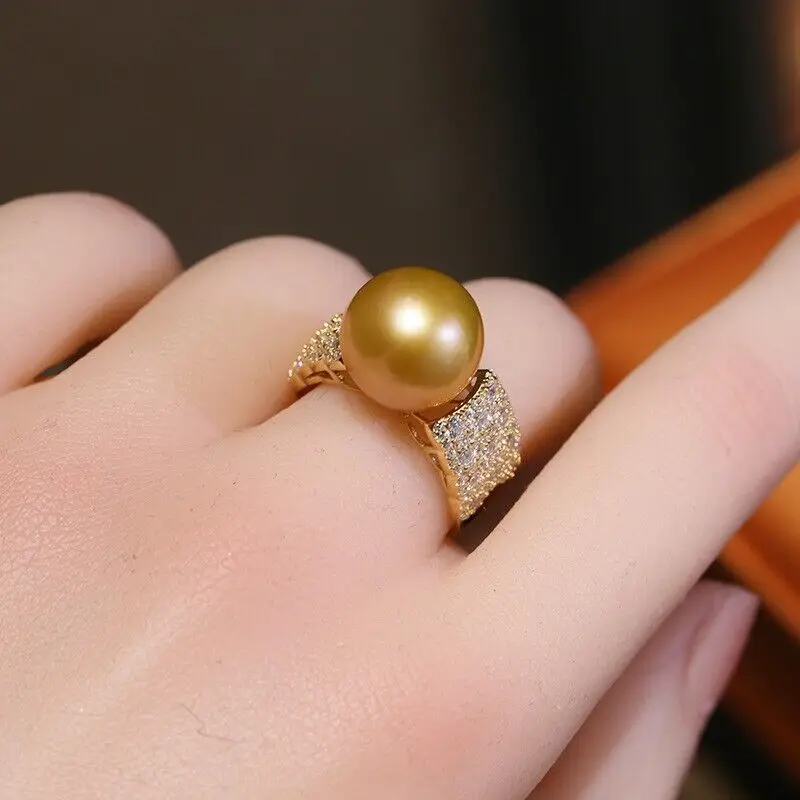 Huge AAAAA 11-12mm Genuine Natural South Sea Golden Round Pearl Ring