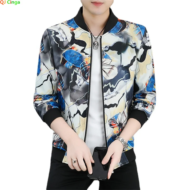 Spring and Autumn New Long-sleeved Printed Jacket Men's Baseball Collar Zipper Control Coats Fashion Casual Male Tops Outerwear