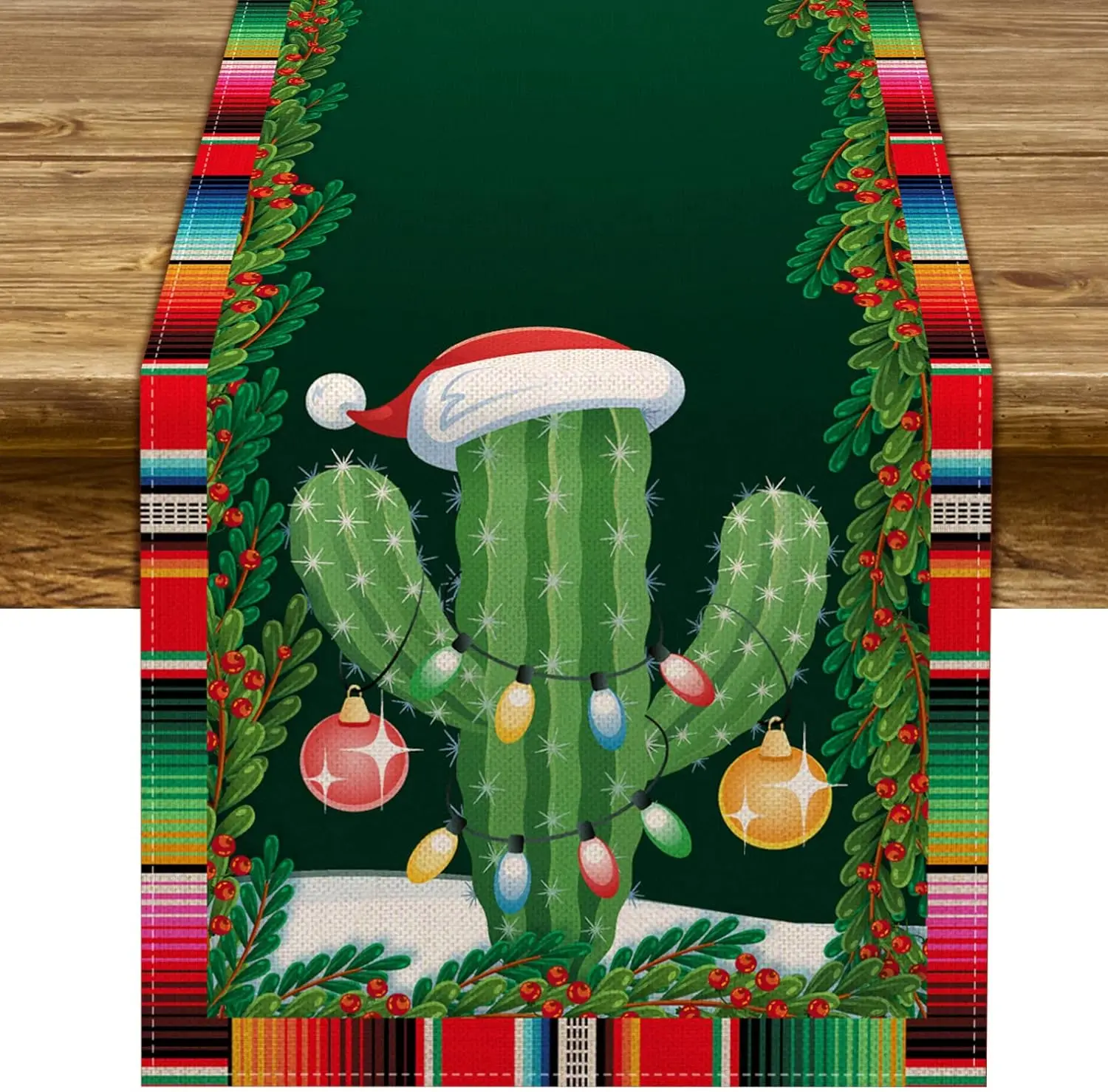 Feliz Navidad Linen Table Runner Party Table Decor Mexican Christmas Cactus Stripes Xmas Winter Dining Table Runners Decorations