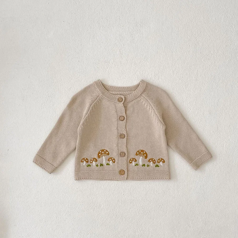 New 2024 Autumn Baby Sweaters 0-3Y Cute Mushroom Embroidery Girls Knitted Cardigans Coat Single Breast O-Neck Infant Sweater Top