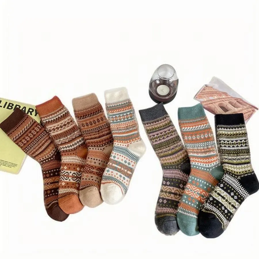 7 أزواج من الجوارب النسائية ذات الإبرة المزدوجة العشوائية للخريف والشتاء ذات المسار المزدوج بنمط عرقي، محبوكة عالية الكثافة